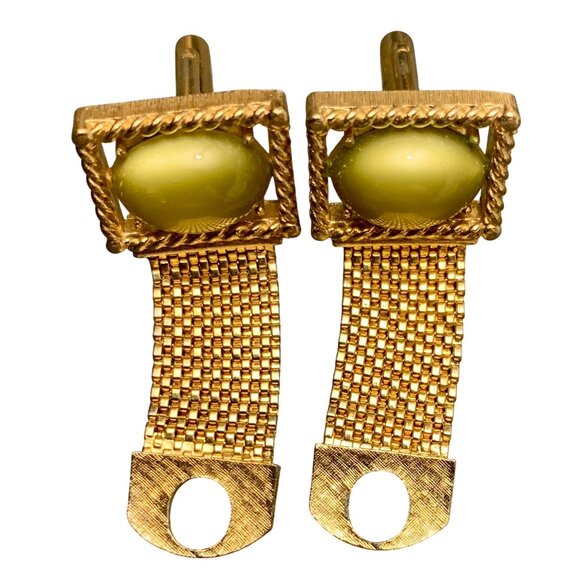 Vintage Swank 60s Cufflinks Chartreuse Green Moonglow Lucite Gold Tone Mesh Wrap - Picture 3 of 8